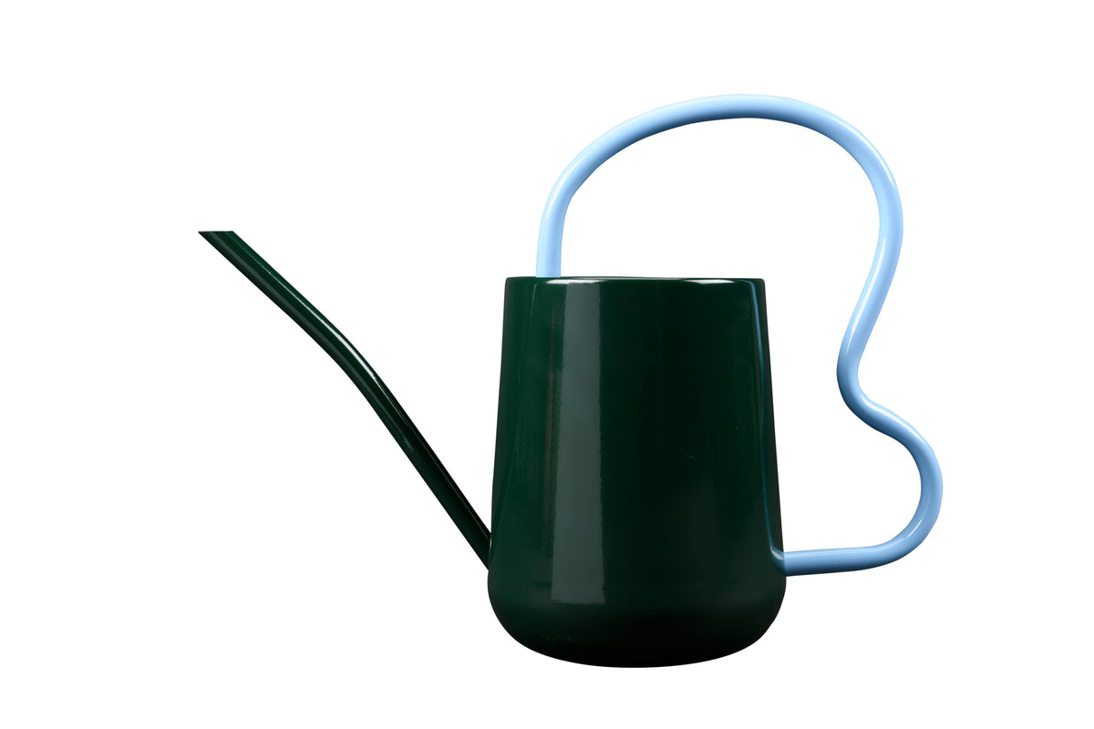 Green watering can with a blue handle on a white background