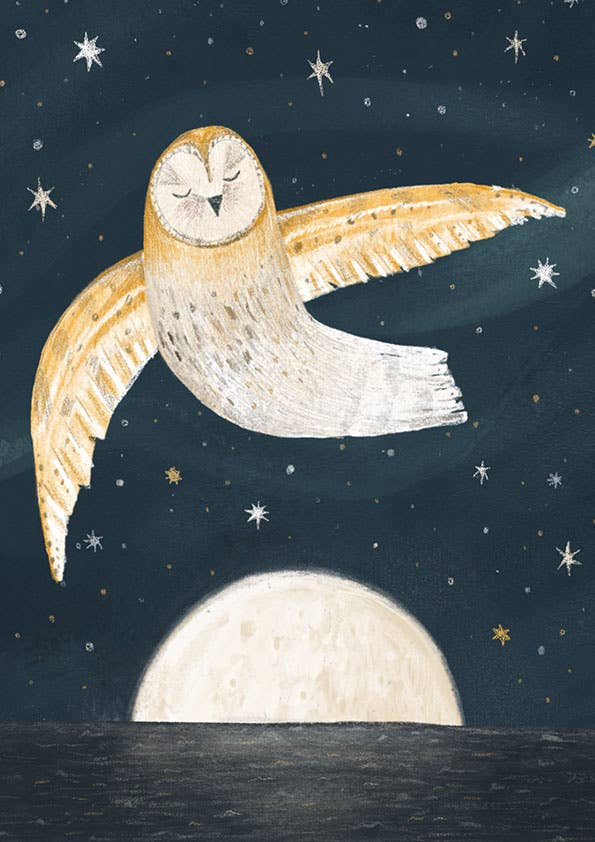 Night Sky Owl Greeting Card: Moon & Stars Illustration
