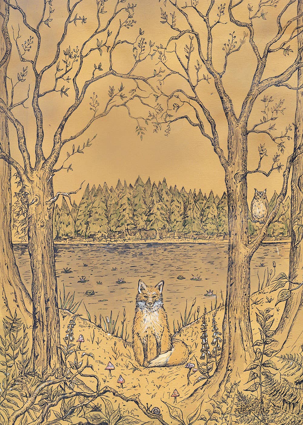 A whimsical forest illustration in warm tan and brown tones, showing bare trees framing a lake with a fox at the base, a owl perched on a tree, and a line of evergreen trees in the distance.
