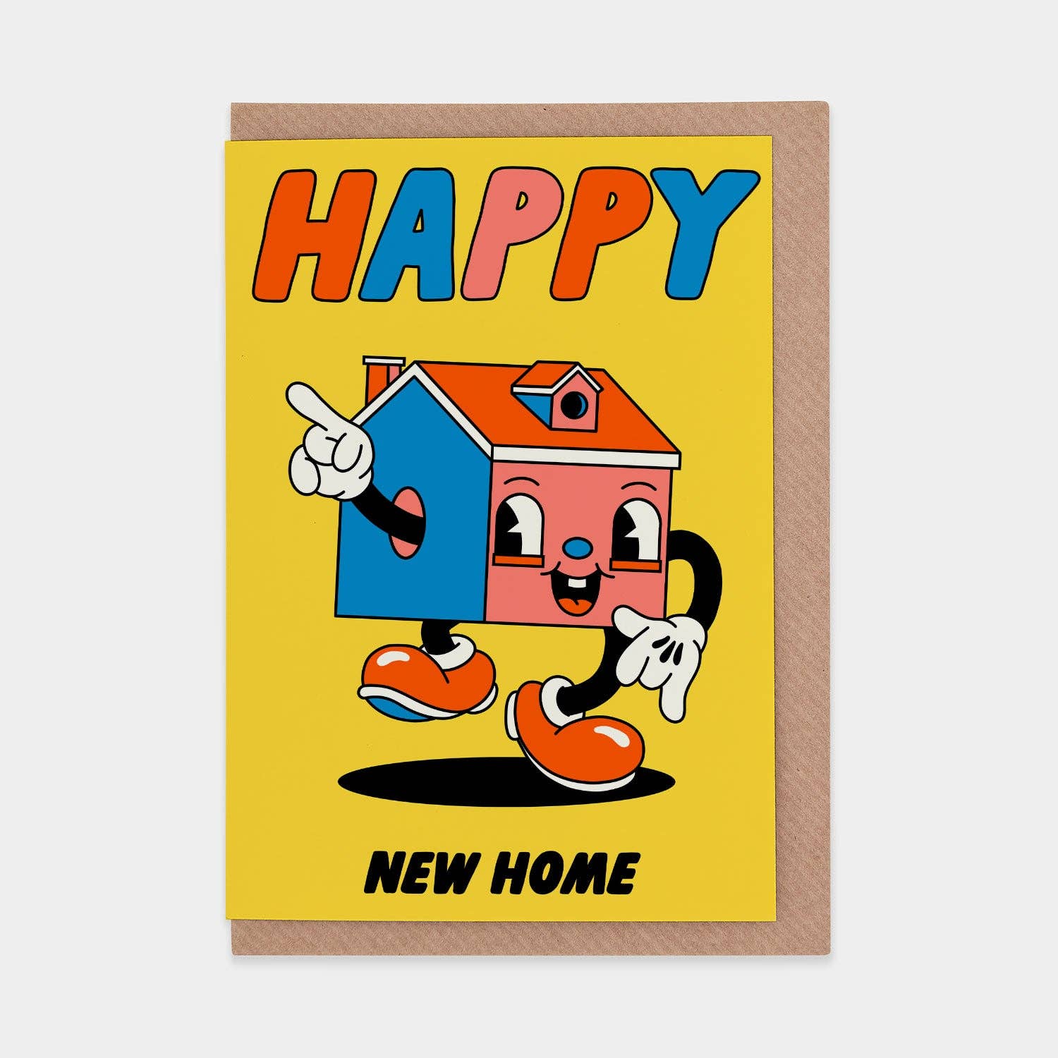 Cartoon house character on a yellow card with 'Happy New Home' text