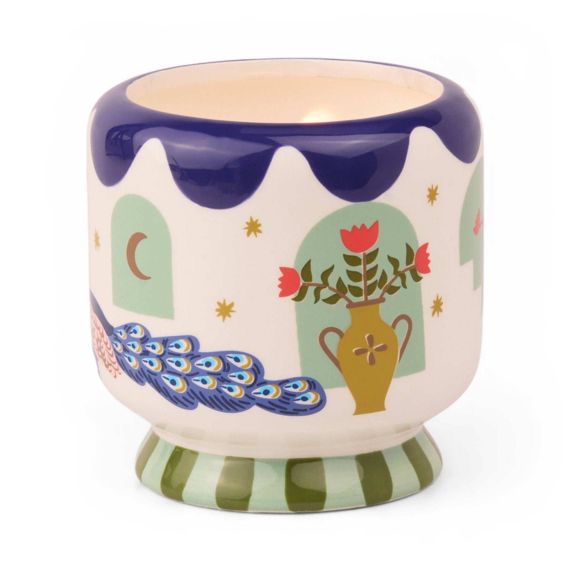Decorative ceramic cup with peacock, vase, and floral design on a white background
