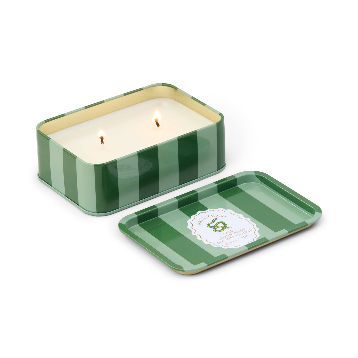 Green striped candle in a tin with a matching lid on a white background