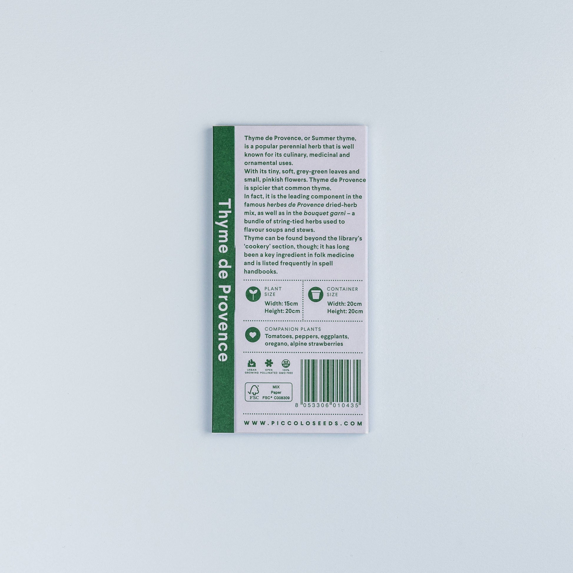Back of a seed packet for Thyme de Provence on a light gray background