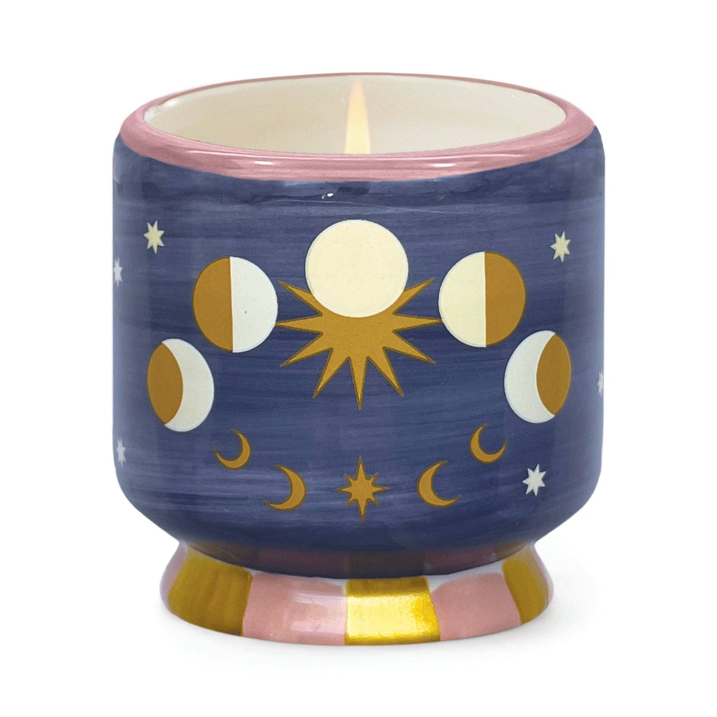 Ceramic candle holder with celestial design on a white background