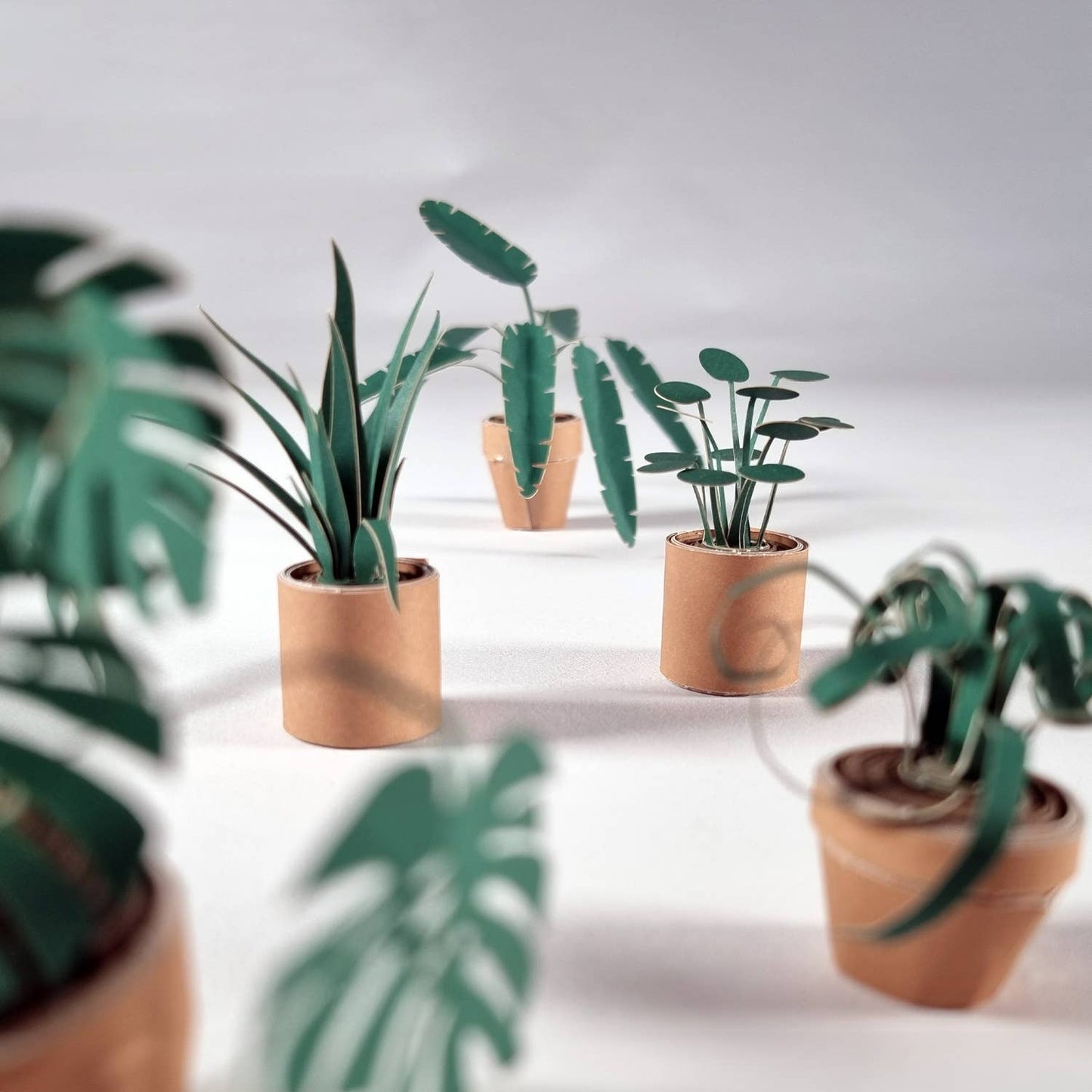 Small potted paper plants on a reflective surface with a neutral background