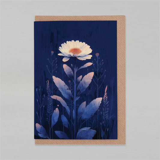 Framed artwork of a floral design with a blue background and white flower.