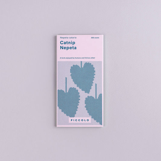 Seeds packet with blue leaf design on a light gray background