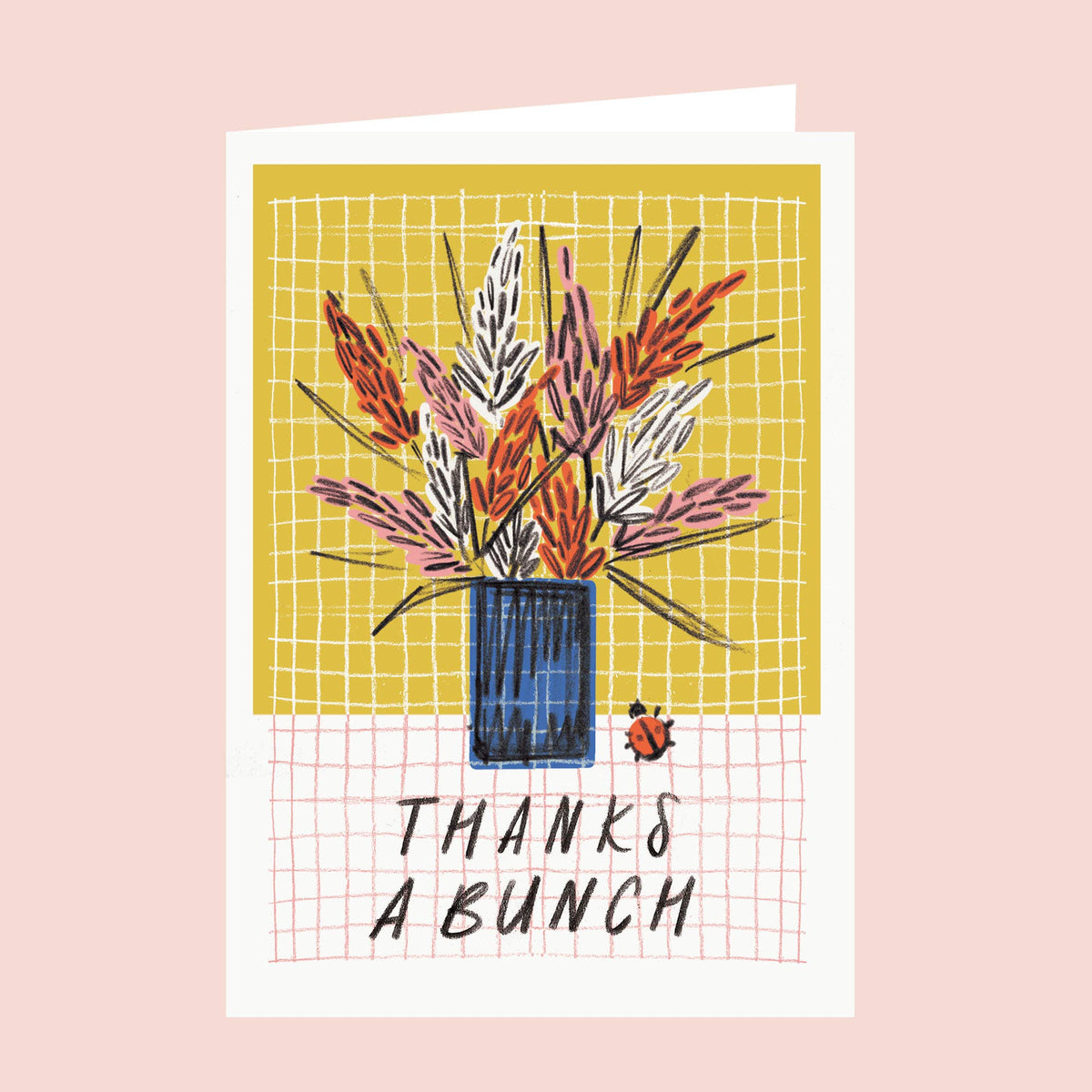 Greeting card with floral design and 'Thanks a Bunch' text on a grid background