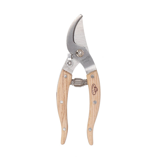 stainless steel pruners with wooden handle against a white background