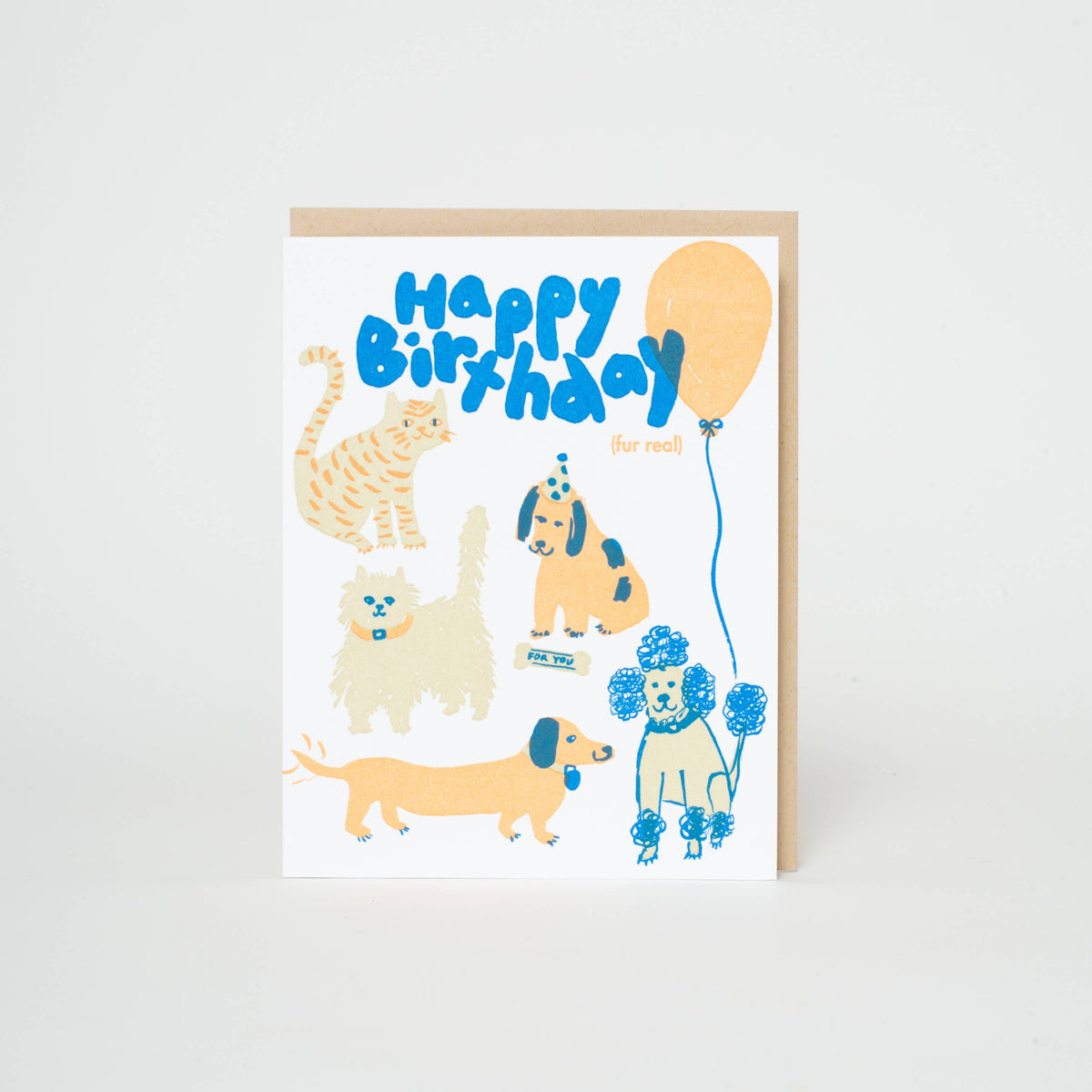 Birthday card with illustrations of dogs and a cat, featuring balloons and text on a white background.
