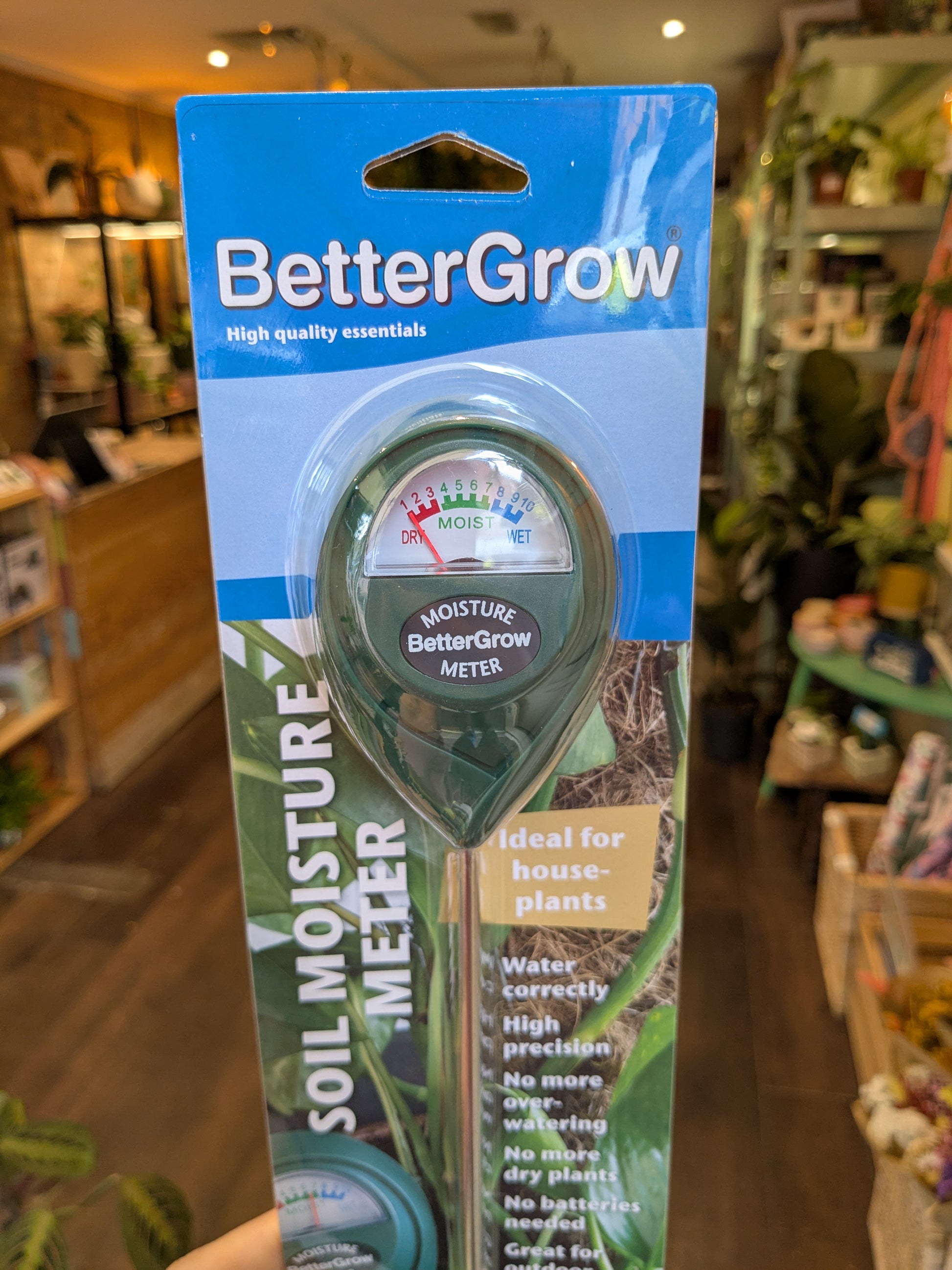 BetterGrow soil moisture meter packaging in a store setting